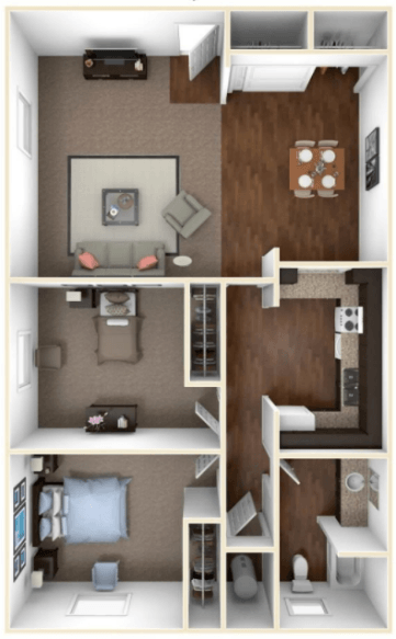 Floor plan for 2 beds, 1 bath, 995 sqft